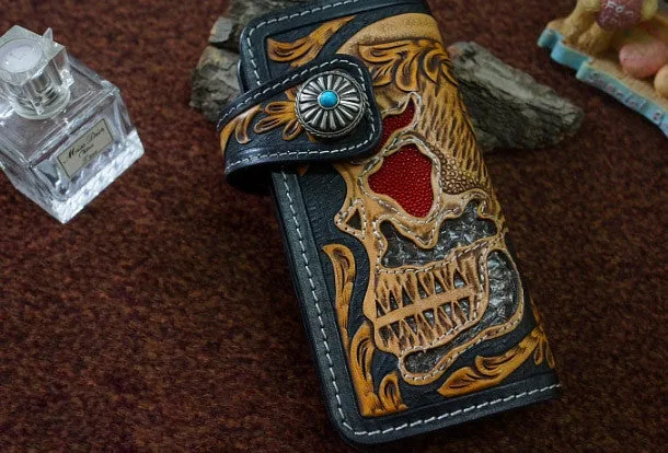 Handmade black tan leather punk skull carved biker wallet chain Long wallet  for men