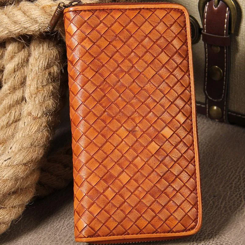 Handmade Braided Leather Mens Long Wallet Brown Zipper Long Wallet for Men