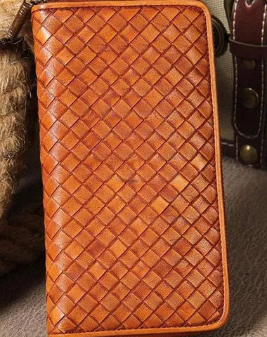 Handmade Braided Leather Mens Long Wallet Brown Zipper Long Wallet for Men