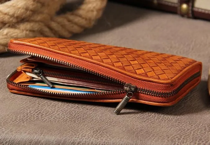 Handmade Braided Leather Mens Long Wallet Brown Zipper Long Wallet for Men