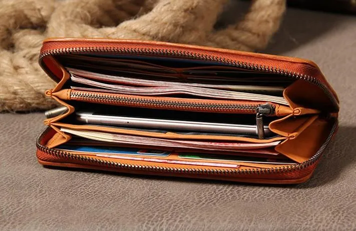 Handmade Braided Leather Mens Long Wallet Brown Zipper Long Wallet for Men