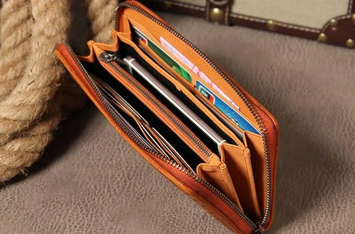 Handmade Braided Leather Mens Long Wallet Brown Zipper Long Wallet for Men