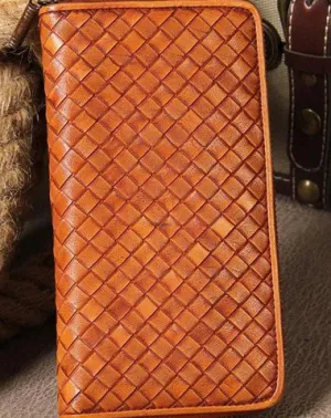 Handmade Braided Leather Mens Long Wallet Brown Zipper Long Wallet for Men