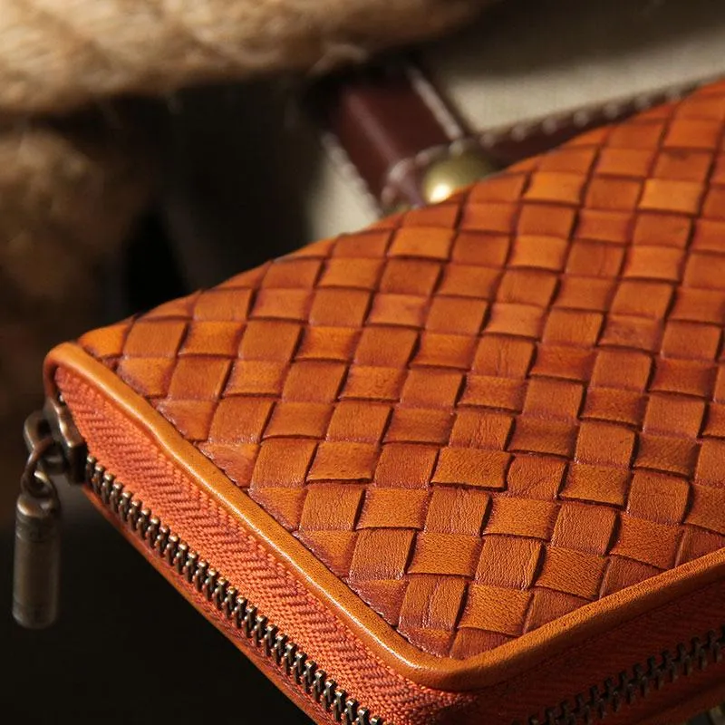 Handmade Braided Leather Mens Long Wallet Brown Zipper Long Wallet for Men