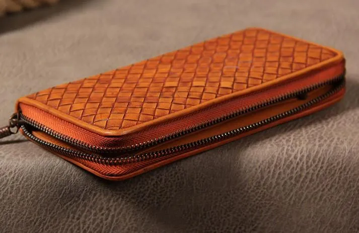 Handmade Braided Leather Mens Long Wallet Brown Zipper Long Wallet for Men
