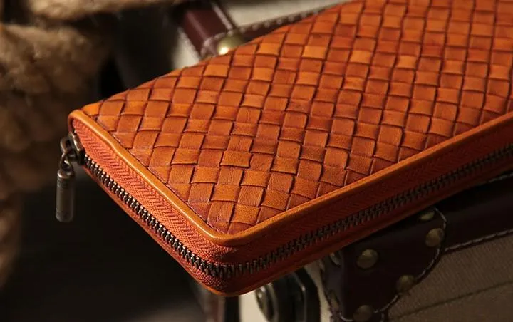 Handmade Braided Leather Mens Long Wallet Brown Zipper Long Wallet for Men