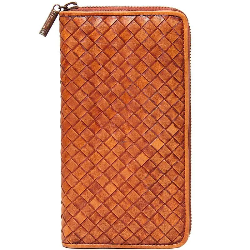 Handmade Braided Leather Mens Long Wallet Brown Zipper Long Wallet for Men
