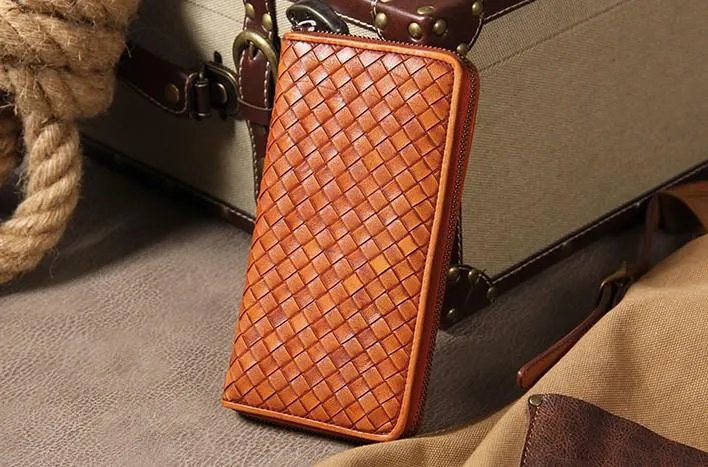 Handmade Braided Leather Mens Long Wallet Brown Zipper Long Wallet for Men