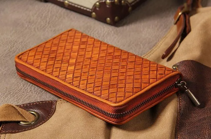 Handmade Braided Leather Mens Long Wallet Brown Zipper Long Wallet for Men