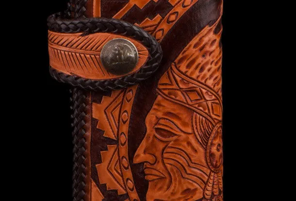 Handmade brown coffee leather indian carved biker wallet bifold long wallet for men