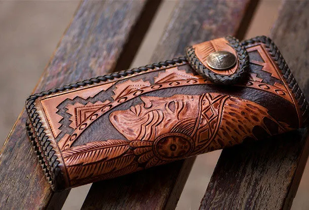 Handmade brown coffee leather indian carved biker wallet bifold long wallet for men