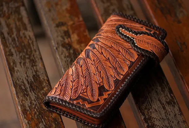Handmade brown coffee leather indian carved biker wallet bifold long wallet for men