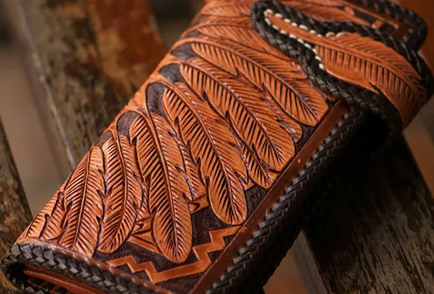 Handmade brown coffee leather indian carved biker wallet bifold long wallet for men