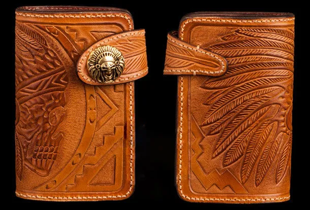 Handmade brown leather indian skull carved biker wallet bifold billfold wallet for men