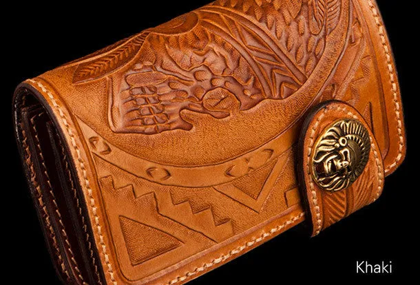Handmade brown leather indian skull carved biker wallet bifold billfold wallet for men