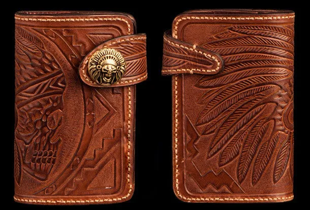 Handmade brown leather indian skull carved biker wallet bifold billfold wallet for men