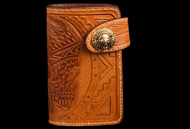 Handmade brown leather indian skull carved biker wallet bifold billfold wallet for men