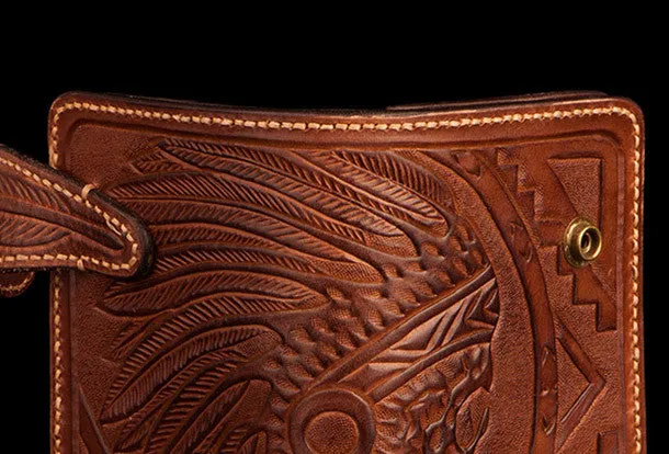 Handmade brown leather indian skull carved biker wallet bifold billfold wallet for men