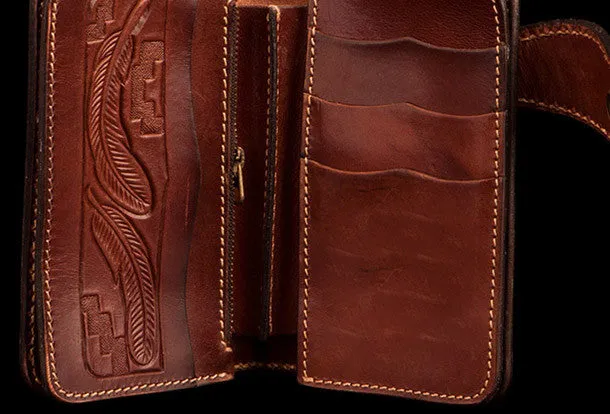 Handmade brown leather indian skull carved biker wallet bifold billfold wallet for men