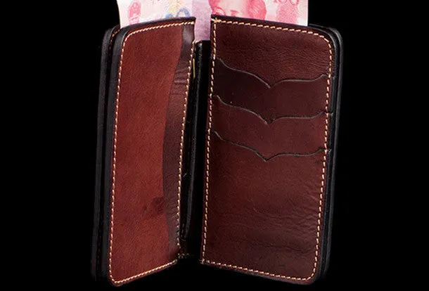Handmade brown leather indian skull carved biker wallet bifold billfold wallet for men