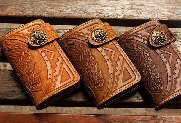 Handmade brown leather indian skull carved biker wallet bifold billfold wallet for men