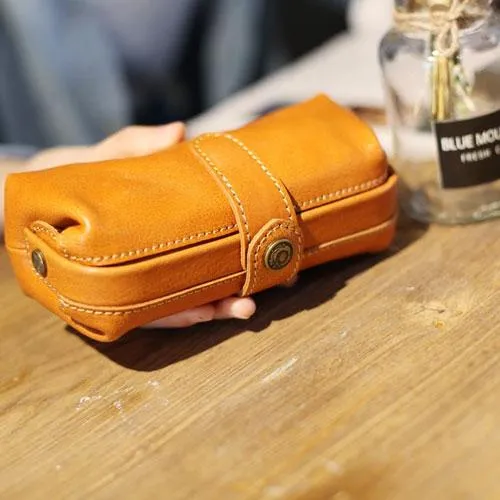 Handmade Brown Leather Long Wallet Clutch Makeup Purse Clutch For Women