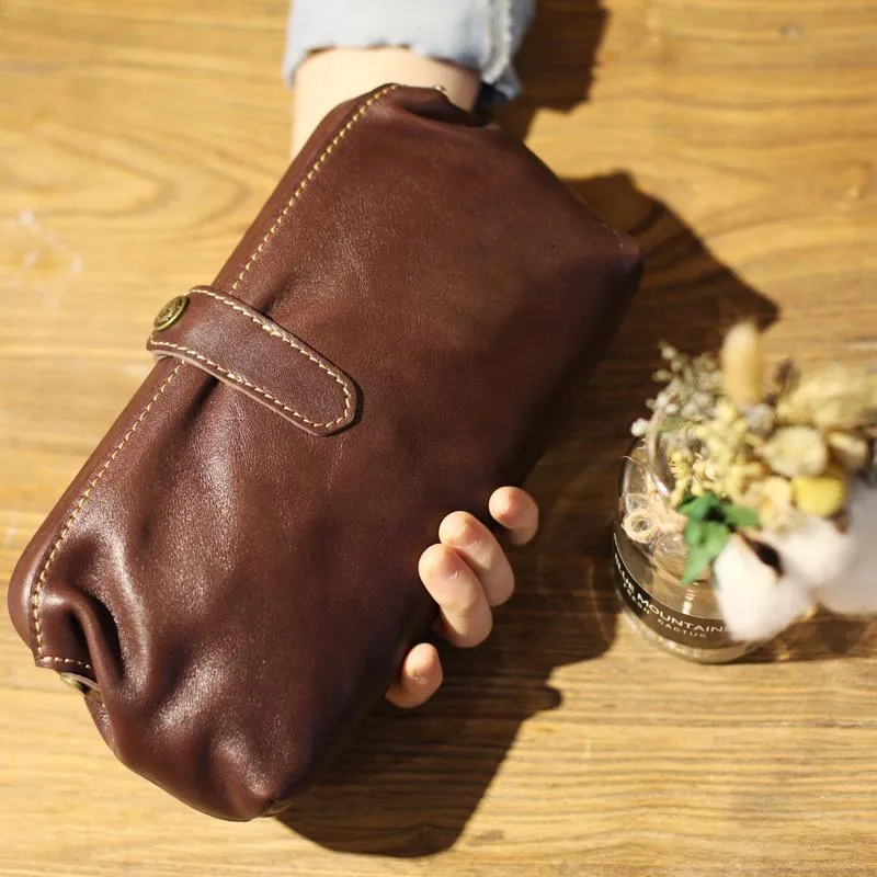 Handmade Brown Leather Long Wallet Clutch Makeup Purse Clutch For Women