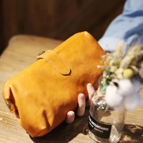 Handmade Brown Leather Long Wallet Clutch Makeup Purse Clutch For Women