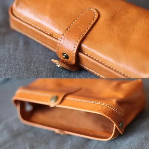 Handmade Brown Leather Long Wallet Clutch Makeup Purse Clutch For Women
