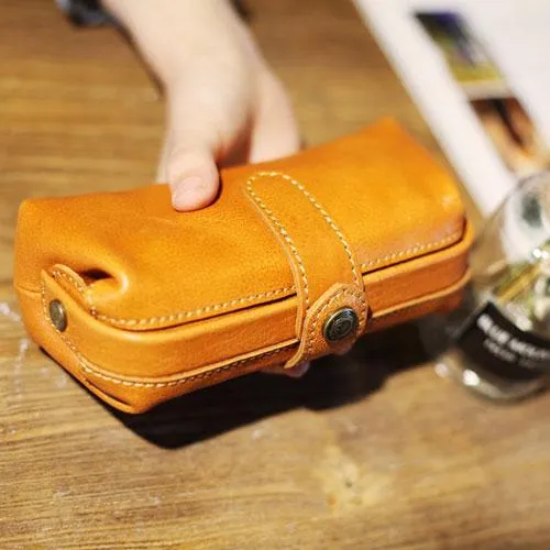 Handmade Brown Leather Long Wallet Clutch Makeup Purse Clutch For Women