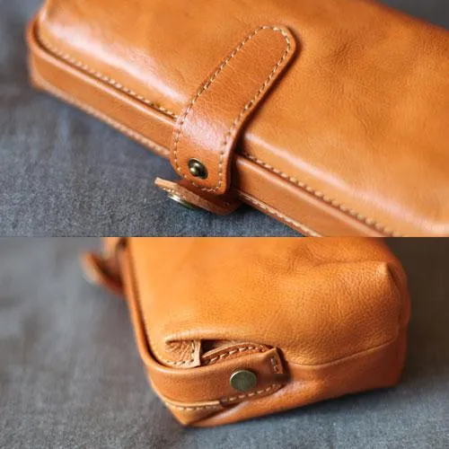 Handmade Brown Leather Long Wallet Clutch Makeup Purse Clutch For Women