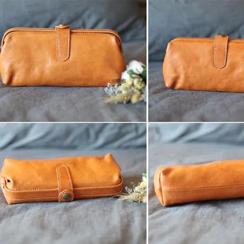 Handmade Brown Leather Long Wallet Clutch Makeup Purse Clutch For Women