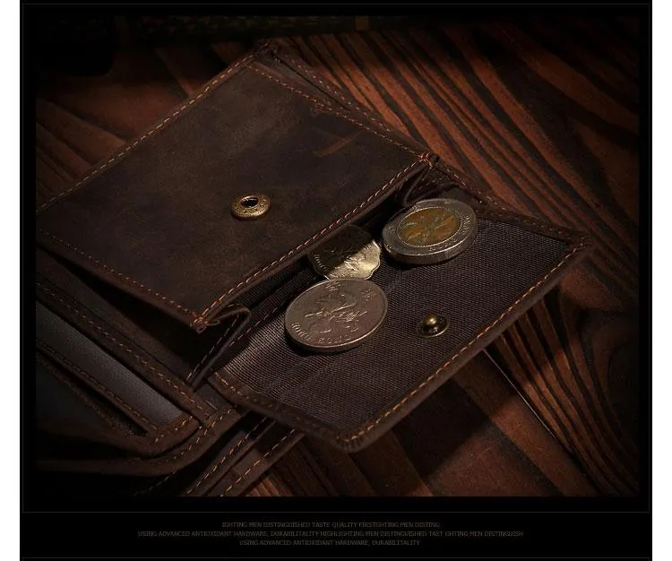 Handmade Brown Leather Mens Bifold Billfold Wallets With Coin Pocket Small Wallet for Men