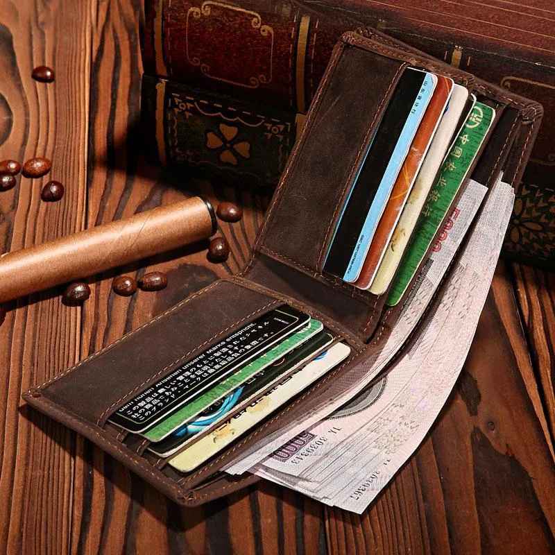 Handmade Brown Leather Mens Bifold Billfold Wallets With Coin Pocket Small Wallet for Men