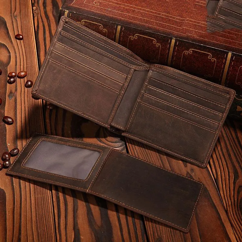 Handmade Brown Leather Mens Bifold Billfold Wallets With Coin Pocket Small Wallet for Men