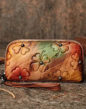 Handmade Clover Colorful Brown Leather Wristlet Wallets Womens Zip Around Wallet Ladies Cute Clutch Wallet for Women