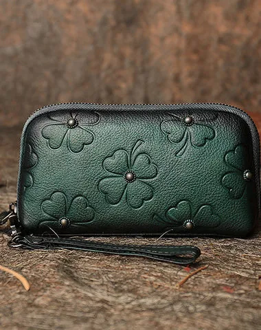 Handmade Clover Colorful Brown Leather Wristlet Wallets Womens Zip Around Wallet Ladies Cute Clutch Wallet for Women