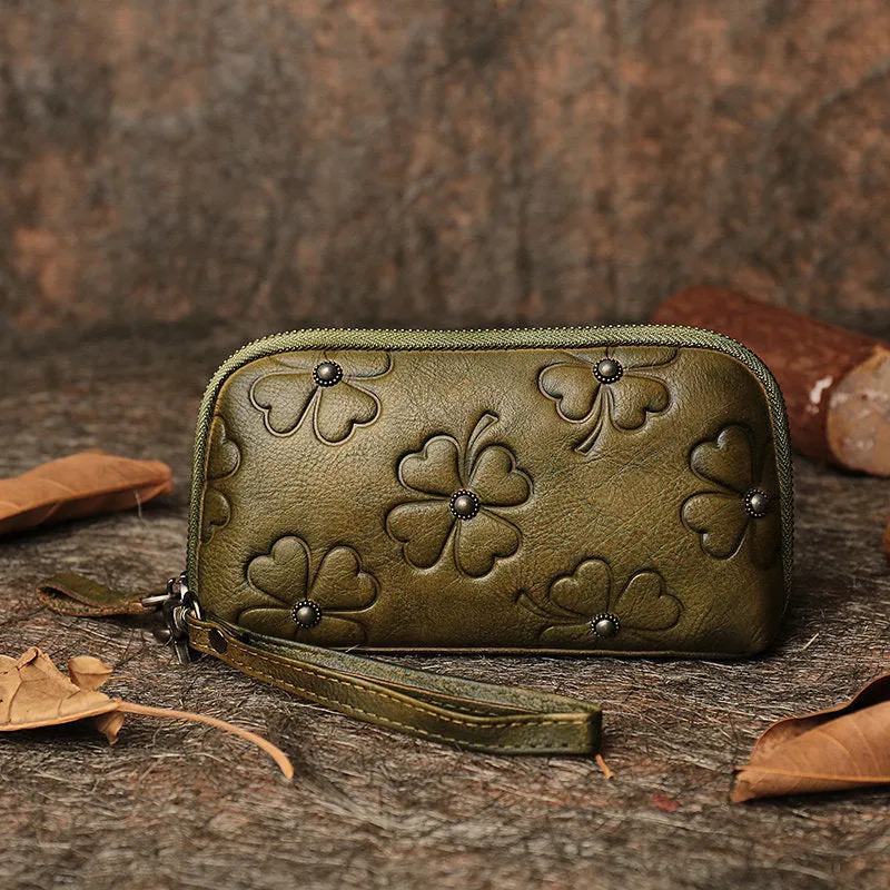 Handmade Clover Colorful Brown Leather Wristlet Wallets Womens Zip Around Wallet Ladies Cute Clutch Wallet for Women