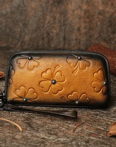 Handmade Clover Colorful Brown Leather Wristlet Wallets Womens Zip Around Wallet Ladies Cute Clutch Wallet for Women