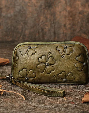 Handmade Clover Colorful Brown Leather Wristlet Wallets Womens Zip Around Wallet Ladies Cute Clutch Wallet for Women