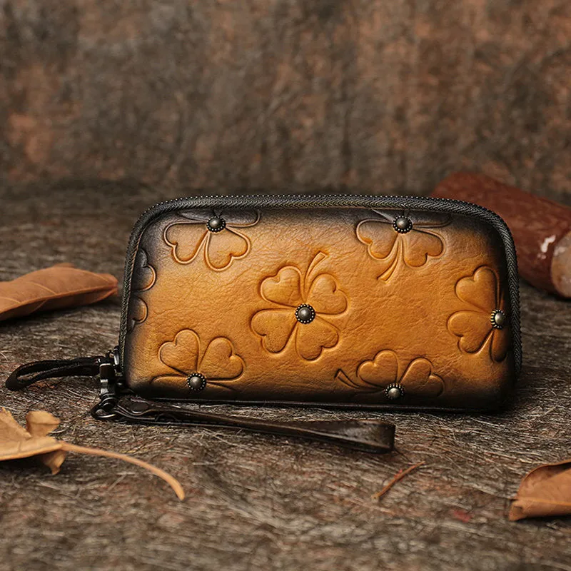 Handmade Clover Colorful Brown Leather Wristlet Wallets Womens Zip Around Wallet Ladies Cute Clutch Wallet for Women