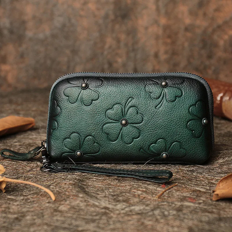 Handmade Clover Colorful Brown Leather Wristlet Wallets Womens Zip Around Wallet Ladies Cute Clutch Wallet for Women