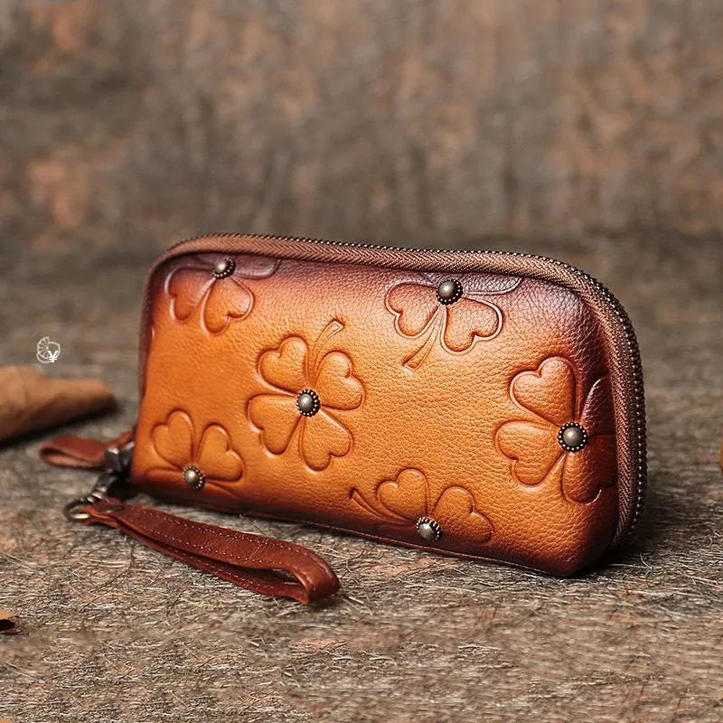 Handmade Clover Colorful Brown Leather Wristlet Wallets Womens Zip Around Wallet Ladies Cute Clutch Wallet for Women