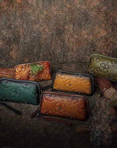 Handmade Clover Colorful Brown Leather Wristlet Wallets Womens Zip Around Wallet Ladies Cute Clutch Wallet for Women