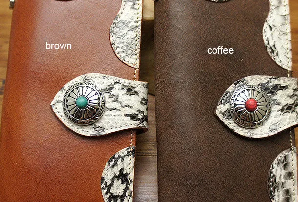 Handmade coffee biker wallet snake skin leather with chain Long wallet purse for men