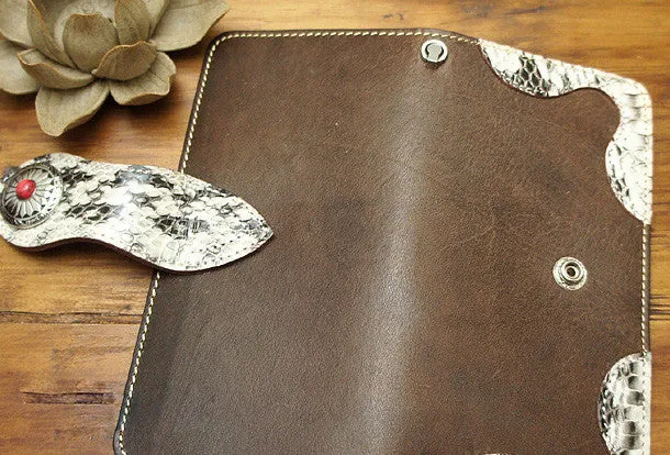 Handmade coffee biker wallet snake skin leather with chain Long wallet purse for men