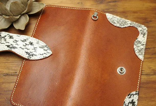 Handmade coffee biker wallet snake skin leather with chain Long wallet purse for men