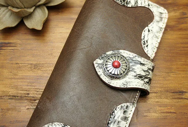 Handmade coffee biker wallet snake skin leather with chain Long wallet purse for men