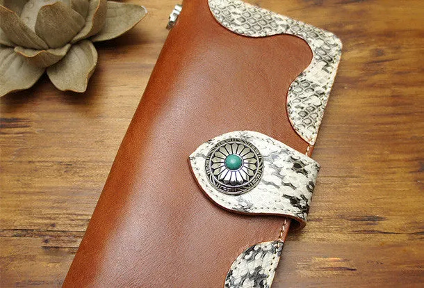 Handmade coffee biker wallet snake skin leather with chain Long wallet purse for men