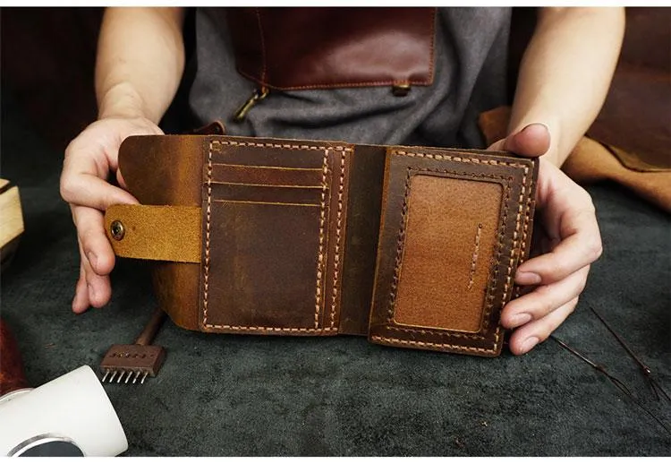 Handmade Coffee Leather Mens Trifold Billfold Wallet With Coin Pocket Brown Small Wallet for Men